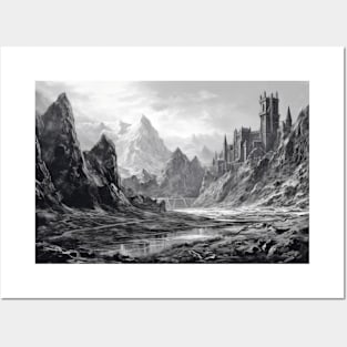 Fortress Mountain Castle Fantasy Story Ink Sketch Style Posters and Art